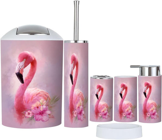 Pink Coastal Bathroom Accessories Set 6 piece Mermaid Flamingo Inspirational Pink Flower Flamingo Golden Plastic shatterproof Vanity Organization countertop Decor for Home, Apartment, Dorm