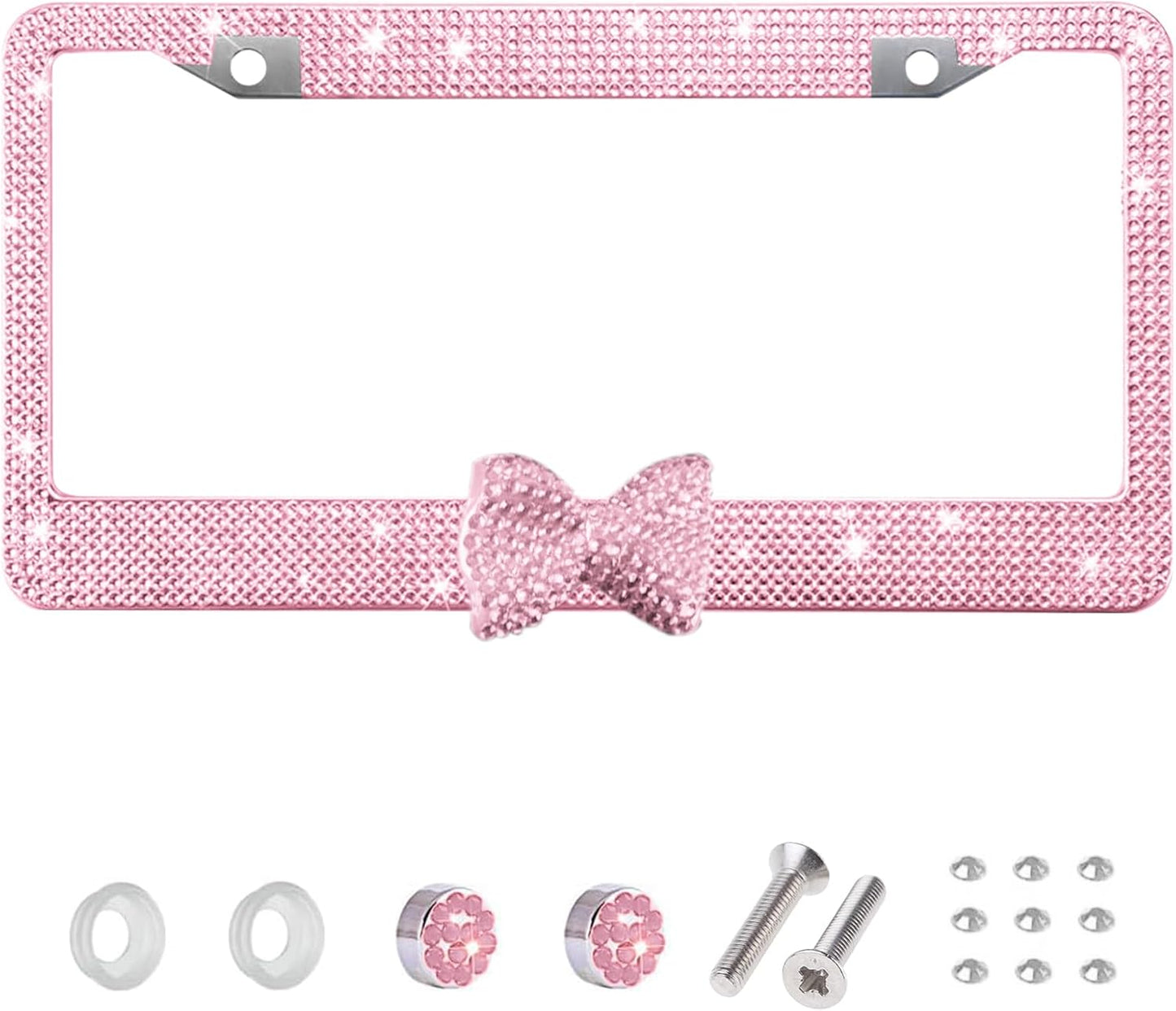Rhinestone License Plate Frame, Pink Frame with Pink Bow, 1 Pack | Pink bow accent; sparkly rhinestones; mounting screw kit; silicone washers; standard US plates