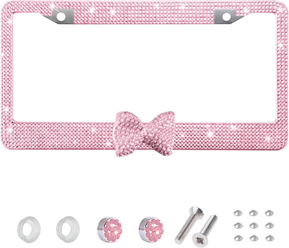 Rhinestone License Plate Frame, Pink Frame with Pink Bow, 1 Pack | Pink bow accent; sparkly rhinestones; mounting screw kit; silicone washers; standard US plates