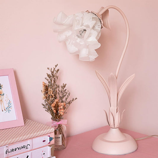 Vintage Flower Lamp, Retro Style Table Lamp with Glass Flower Lampshade, E27 Pink Flower Desk Lamps with Remote, Decorative Nightstand Lamp for Girls, Living Room Bedroom Dresser