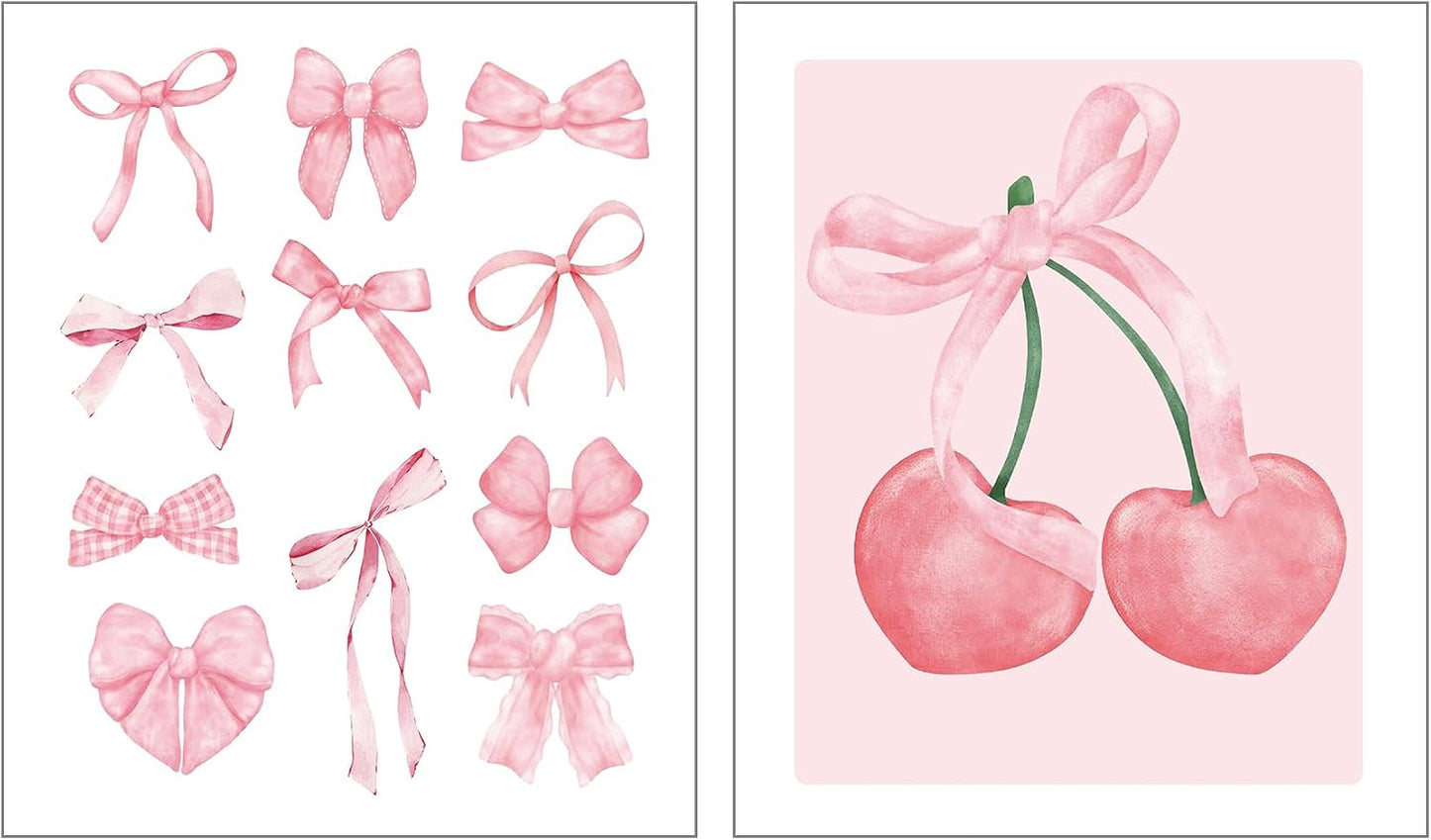 Qykwz 2 Pcs Coquette Pink Bow Diamond Painting Kits for Adults, Preppy Girly Ribbon Bow Cherry Diamond Art Kits, DIY Full Drill Gem Art Kit for Home Wall Decor, Coquette Room Decor,10x11.8 Inch