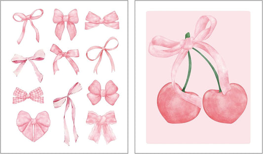 Qykwz 2 Pcs Coquette Pink Bow Diamond Painting Kits for Adults, Preppy Girly Ribbon Bow Cherry Diamond Art Kits, DIY Full Drill Gem Art Kit for Home Wall Decor, Coquette Room Decor,10x11.8 Inch