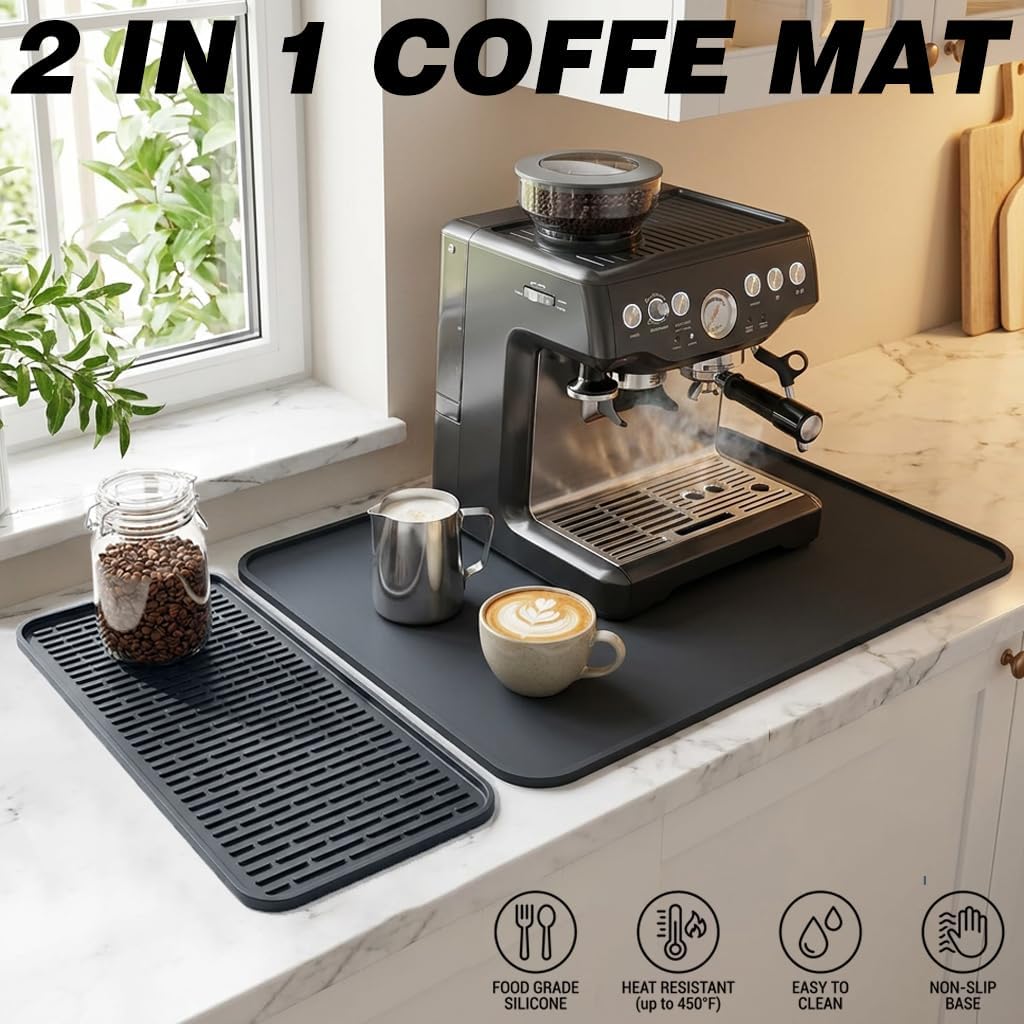 CAKETIME 2 In 1 16"x20" Silicone Coffee Bar Mat Accessories for espresso Machine with Detachable Dish Drying Mat Easy to Clean Kitchen Cafetera Barista Tools Pink Room Decor Cut Girls Gifts
