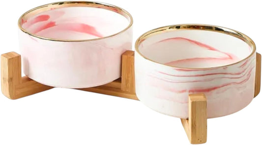Ceramic Pet Bowl (Marble Design) Set of 2 with Stand, 2cups and 4 Cups Capacity (Marble Pink w/Gold, Small, 2 Cups per Bowl)