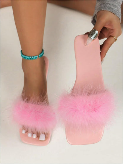 BEAUDRM Women's Sexy Flat Sandals Fuzzy Feather Dressy Flat Sandals Slip On Square Slipper Open Toe Fuzzy Slides Slippers