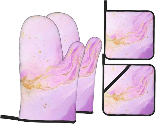Oven Mitts and Pot Holders Set Pastel Light Pink Marble Abstract Heat Resistant Kitchen Gloves 2 Oven Mitts and 2 Pot Holders for Cooking Baking BBQ