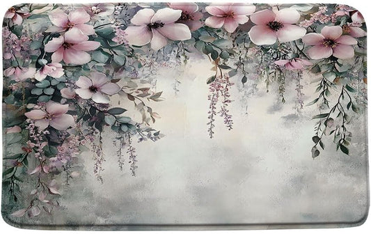 18" x 30" Pink Wisteria Floral Bath Mat Spring Weeping Blossom Flower Green Leaf Gray Ombre Fuzzy Background Bedroom Living Room Toy Room Kitchen Runner Rugs
