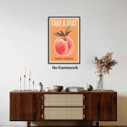 Take a Seat Sweet Cheeks Poster Funny Bathroom Wall Decor Peach Art Retro Sayings Pictures Canvas Print Trendy Fruit Painting Fun Bedroom Toilet Restroom Home Decor 8x12inch Unframed
