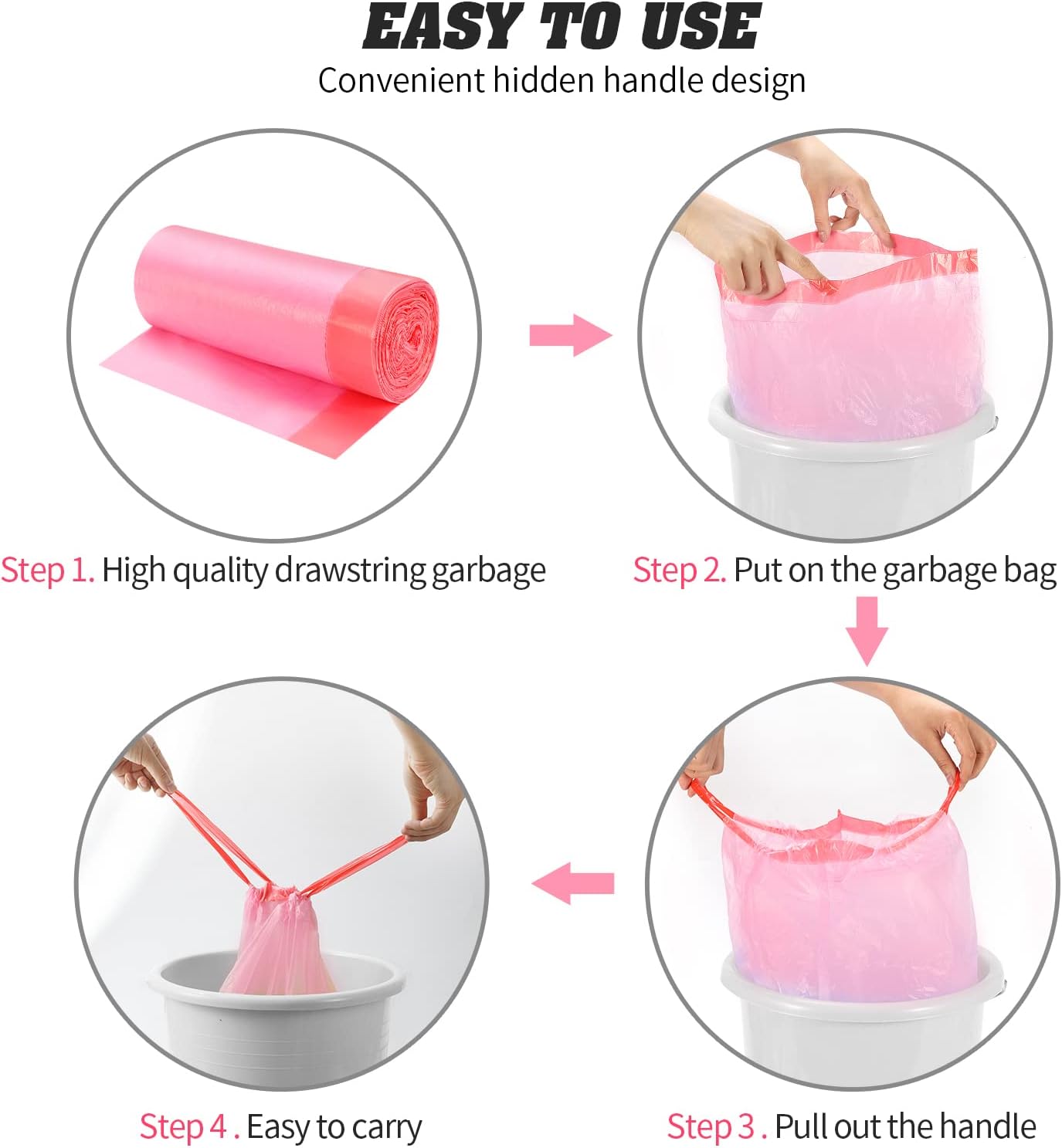 4 Gallon Drawstring Garbage Bags, Drawstring Trash Bags, Trash Bags for Office,Bathroom, Kitchen,Bedroom,3rolls/60 Counts(Pink)