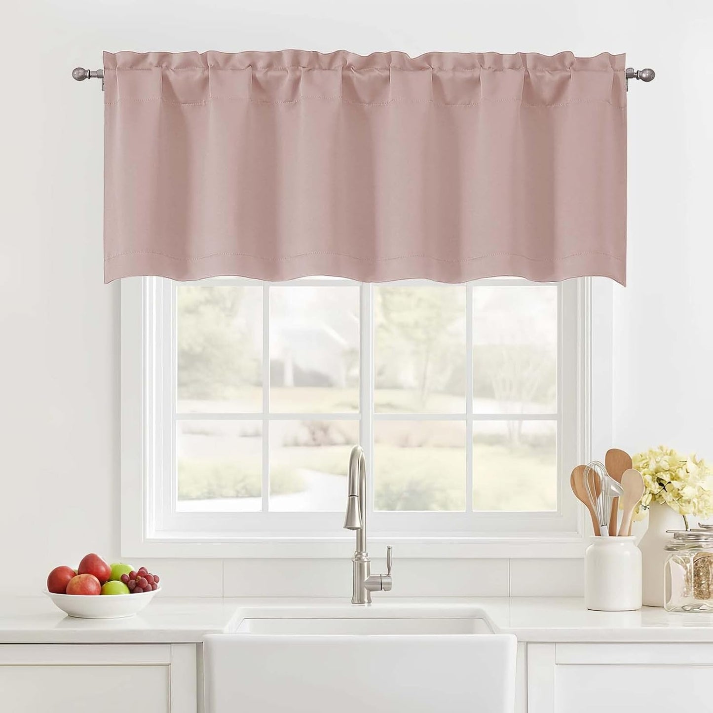 Blush Pink Valance for Windows 18 Inch Length, Thermal Insulated Short Kitchen Curtain for Laundry Basement, Dual Rod Pocket Blackout Window Valance, 1 Piece, 60Wx18L Inches
