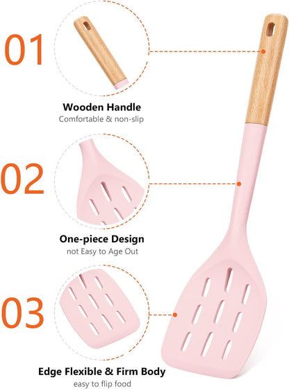 Pack of 2 Silicone Spatula, Non Stick Cooking Utensil Set Wooden Handle Kitchen Turner for Baking Mixing Grilling Serving Food Heat Resistant Non Scratch Hooks Included (Pink)