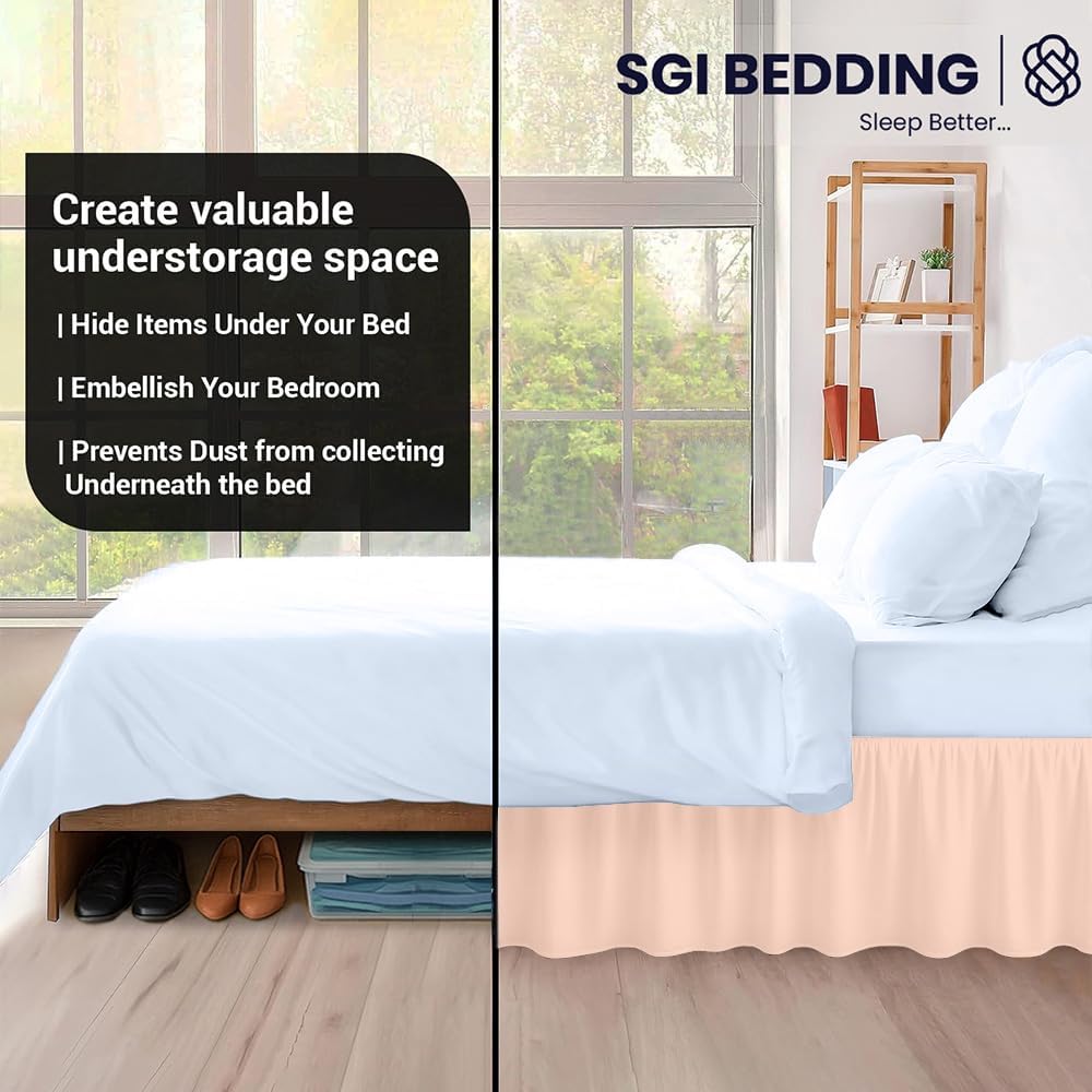 SGI Bedding 21 Inch Drop Ruffled Bed Skirt King Size - Classic Gathered Styling, Platform Style Dust Ruffle with Secure Fit, Split Corners, Wrinkle-Resistant Microfiber - Peach