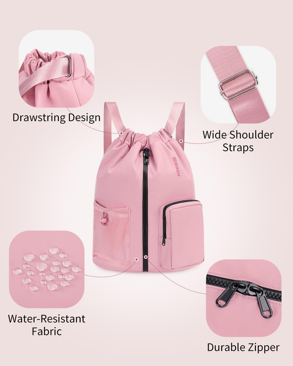 WANDF Drawstring Backpack Sports Gym Bag with Shoes Compartment, Water-Resistant String Beach Sackpack Swim Bag for Women and Men (Pink) | with Shoes Compartment