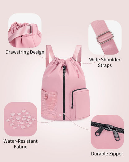 WANDF Drawstring Backpack Sports Gym Bag with Shoes Compartment, Water-Resistant String Beach Sackpack Swim Bag for Women and Men (Pink) | with Shoes Compartment