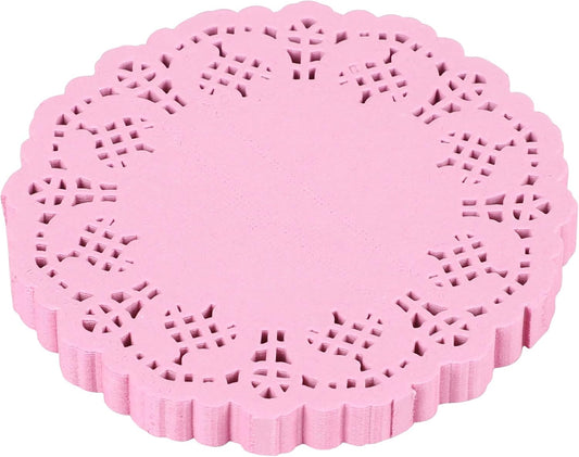 DECORA 3.5inch Round Pink Paper Lace Doilies for Wedding Tableware Decoration,100-Pack