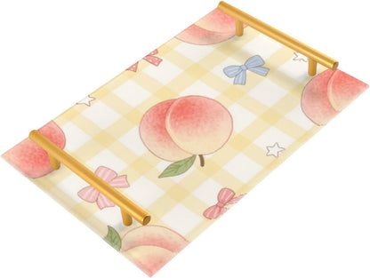 Cute Pink Peaches Decorative Service Tray with Handles Drink Serving Tray for Jewelry Perfume for Living Room Entryway Bedroom