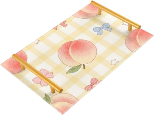 Cute Pink Peaches Decorative Service Tray with Handles Drink Serving Tray for Jewelry Perfume for Living Room Entryway Bedroom