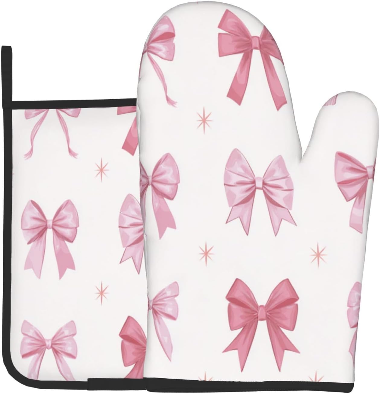 Nine Light Pink Bows Oven Mitts and Pot Holders Sets,Heat Resistant Potholder Kitchen Decor for Cooking Baking BBQ, Oven Glove Set