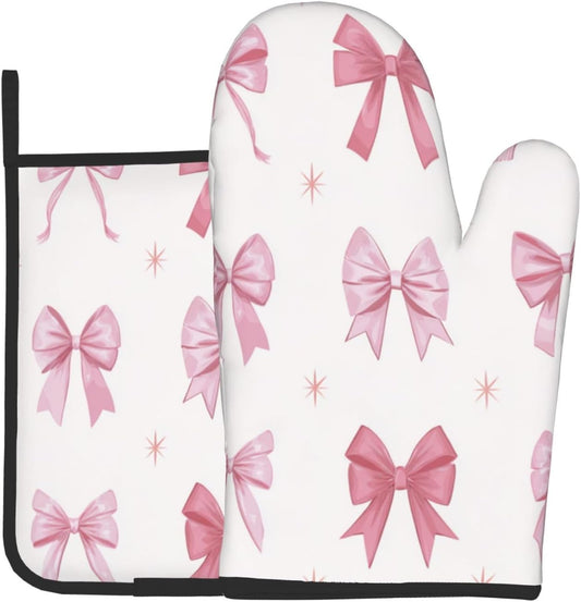 Nine Light Pink Bows Oven Mitts and Pot Holders Sets,Heat Resistant Potholder Kitchen Decor for Cooking Baking BBQ, Oven Glove Set