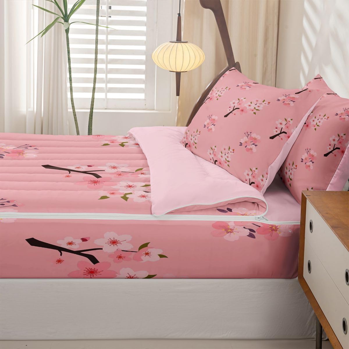 Erosebridal Floral Zipper Bedding Set Twin Cherry Blossom Zip Up Comforter Set with Sheets Peach Blossoms Branches Hand Drawn Bed in a Bag Cute Girly Pink Flowers Bed Sets with 2 Pillowcases