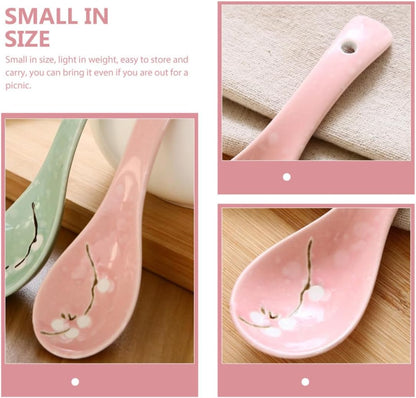 6pcs Japanese Ceramic Porridge Spoons Set Snowflake Pattern Pink Kitchen Utensils for Home Dining and Restaurant Use