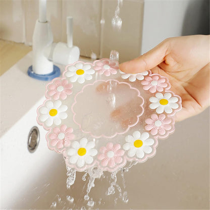 Xeahung 4 Pack Flower Silicone Coasters with Holder - 4 & 6 Inch Sizes, Heat Resistant, Dishwasher Safe, Pink