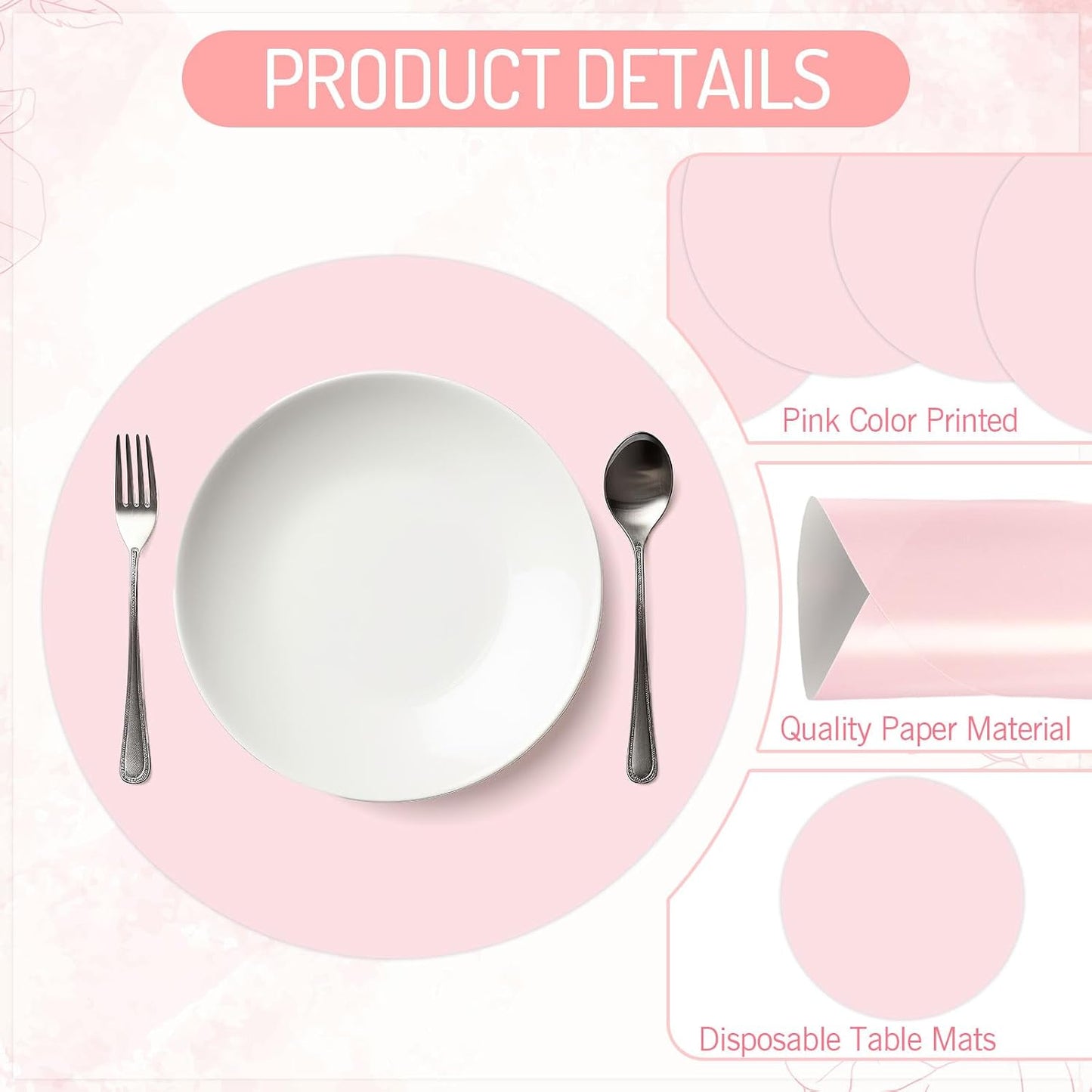JarThenaAMCS 50Pcs Pink Paper Placemat Round Disposable Place Mat Light Pink Decorative Paper Table Mat for Wedding Bridal Baby Shower Birthday Party Table Setting, 13 x 13 Inch