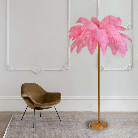 Elegant Nordic Natural Ostrich Feather Floor Lamps,Palm Tree Standing Light, Living Room Office Princess Bedroom Bedside Lamp, Decor Lighting (Pink)