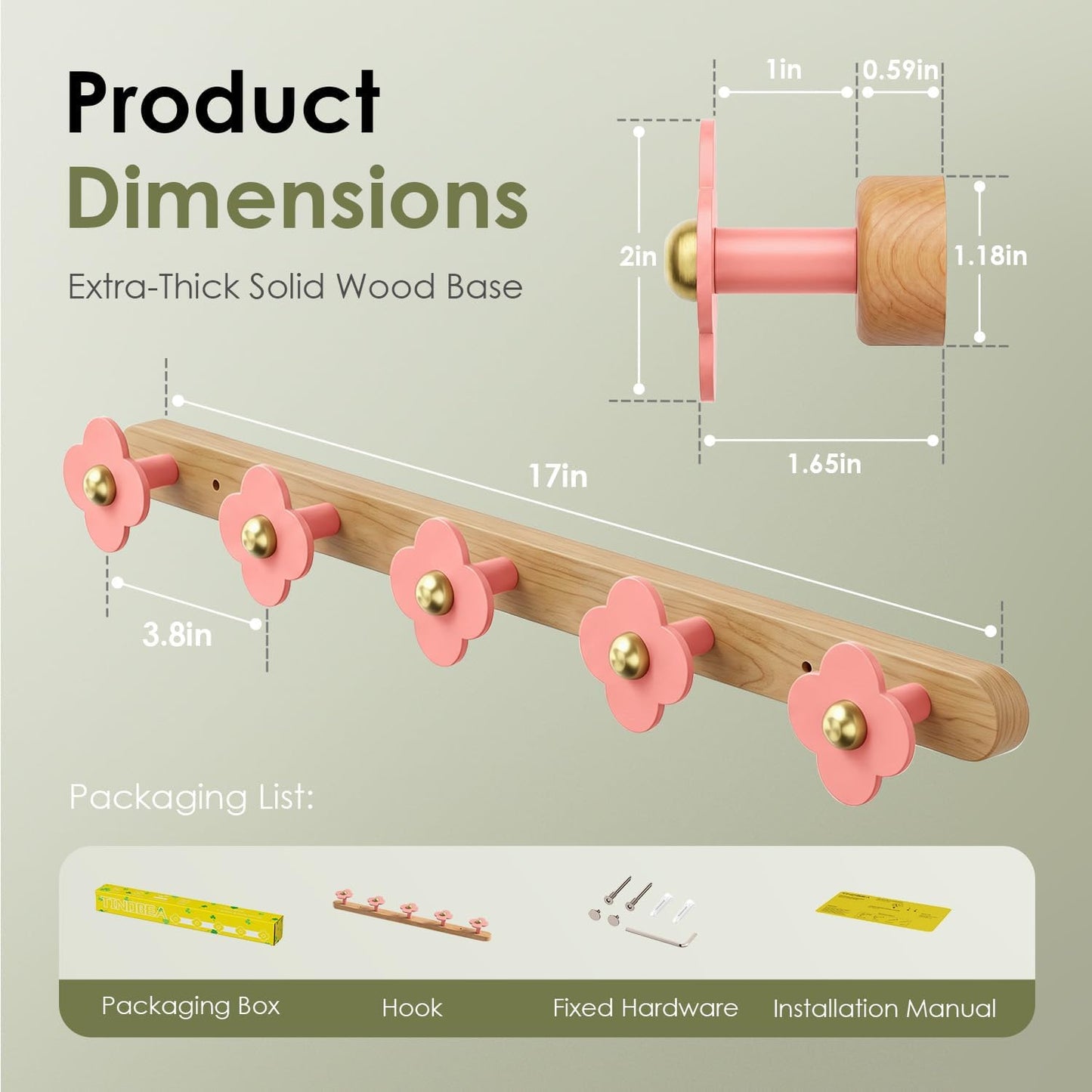 Tindbea Upgreded Cheery Wood Wall Hooks Heavy Duty Coat Rack Wall Mount 5 Hooks for Coat, Purse, Hat, Robe, Towel, Clothes, Decorative Home Storage for Bathrooms, Eentryway, Kitchen Door, Pink