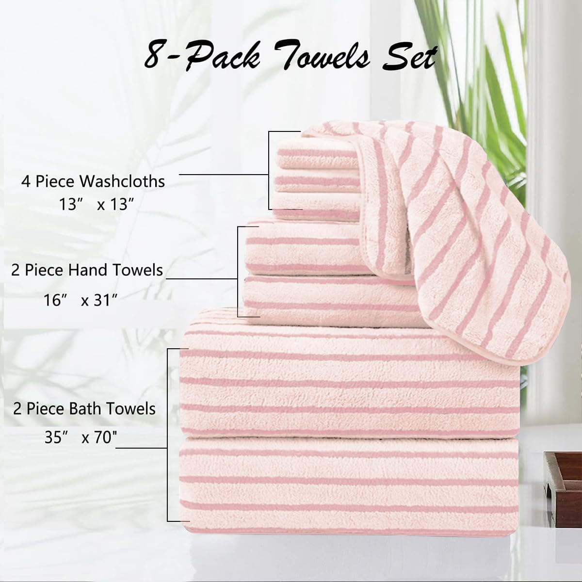 8 Pcs Pink Cabana Stripe Large Bath Towels Set Oversized Bath Sheet-2 Bathroom Towels,2 Hand Towels,4 Washcloths Soft Jumbo Absorbent Shower Towel Quick Dry Beach Chair Towel Spa Gym Hotel