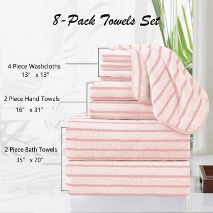 8 Pcs Pink Cabana Stripe Large Bath Towels Set Oversized Bath Sheet-2 Bathroom Towels,2 Hand Towels,4 Washcloths Soft Jumbo Absorbent Shower Towel Quick Dry Beach Chair Towel Spa Gym Hotel