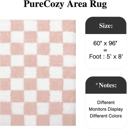 PureCozy Checkered Rug 5x8 for Living Room, Pink and White Modern Shag Rugs Super Soft Washable Indoor Office Fuzzy Carpet Non-Slip Fluffy Rugs for Bedroom Home Aesthetic Decor