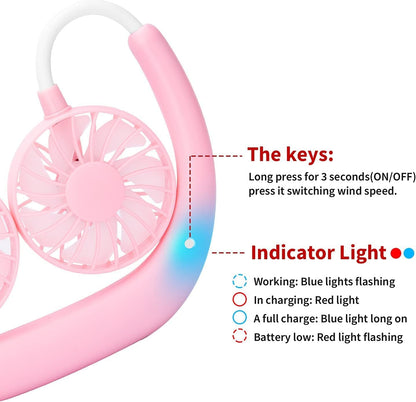 JUANANIUG Portable Neck Fan Rechargeable Personal HandFree Fan Mini USB Wearable Neckband Sport Fan 3 Speed Adjustable 360 Degrees Rotation Perfect for Working Traveling Office Reading (Pink)