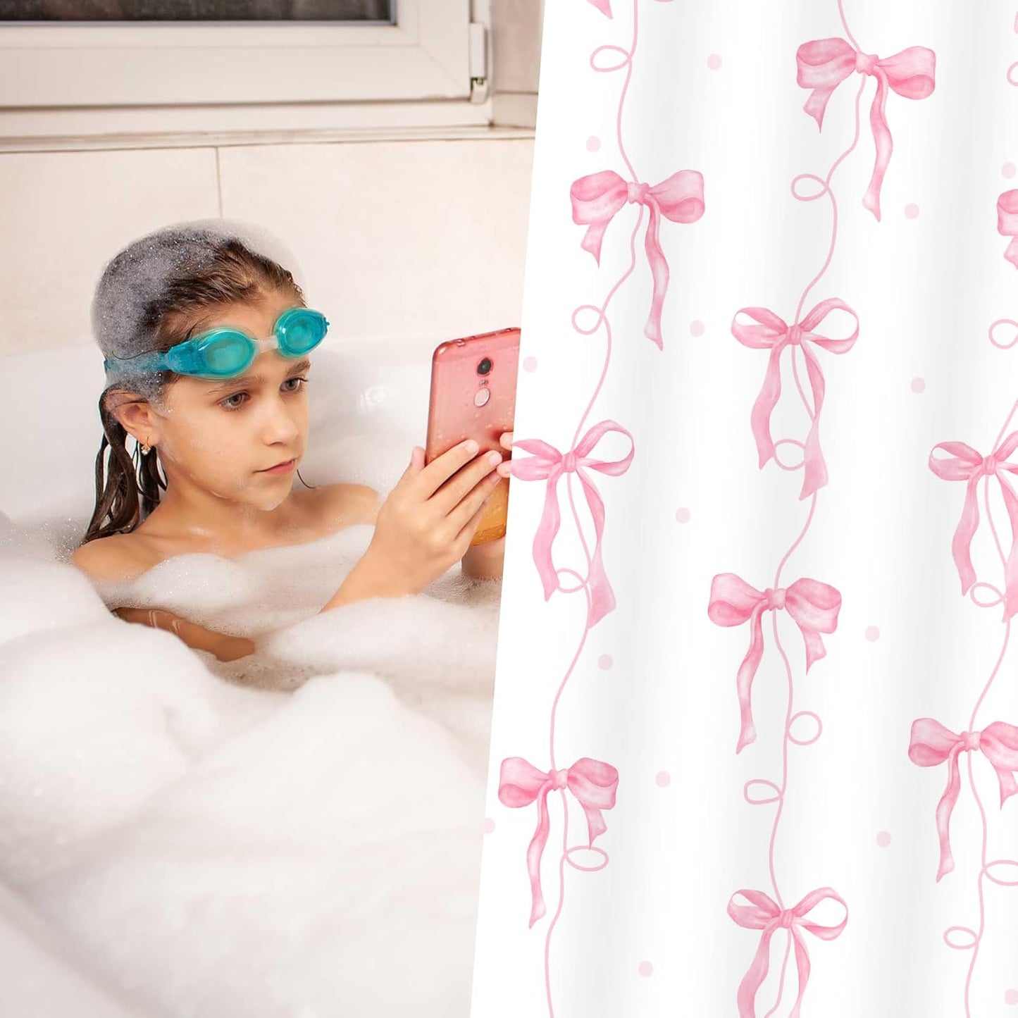 Pink Bow Shower Curtain, Girly Cute Coquette Preppy Aesthetic for Teens Girls Bathroom Decor Curtains with 12 Hooks, 72x72 inches