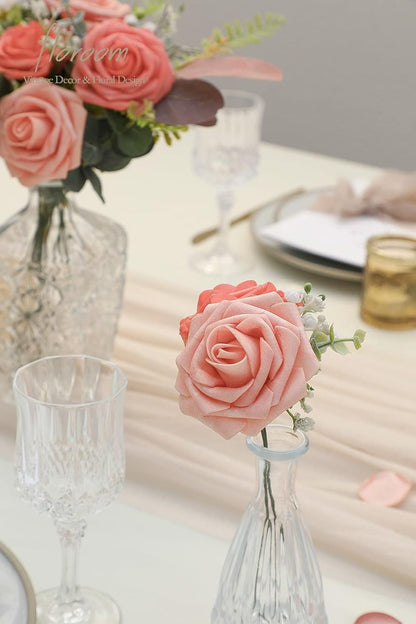 Floroom Artificial Flowers 25pcs Real Looking Mixed Living Coral Foam Fake Roses with Stems for DIY Wedding Bouquets Bridal Shower Centerpieces Floral Arrangements Party Tables Home Decorations