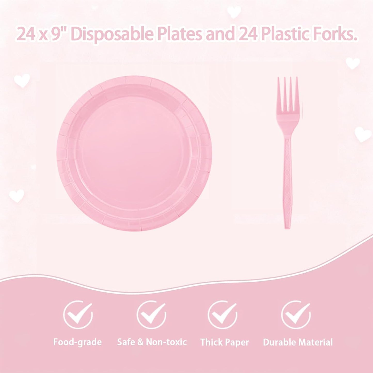 Pink Party Supplies Set Include Pink Plates Tablecloth and Forks, Tableware Set for 24 Guest Paper Plates for Baby Shower, Wedding, Birthday