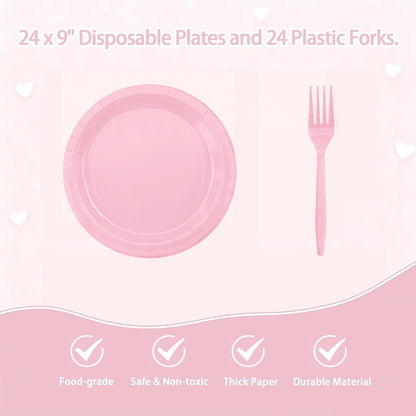 Pink Party Supplies Set Include Pink Plates Tablecloth and Forks, Tableware Set for 24 Guest Paper Plates for Baby Shower, Wedding, Birthday