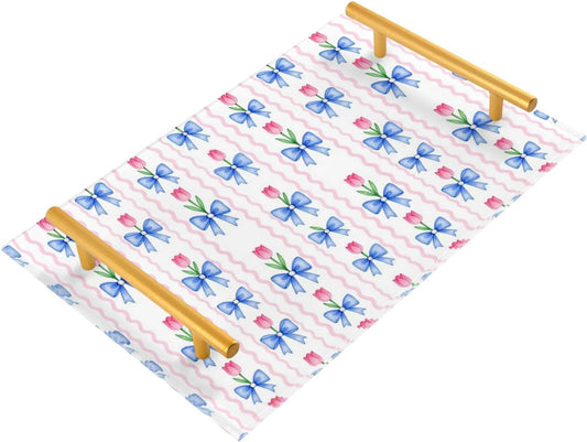 Vintage Blue Ribbon Bow Pink Tulips Decorative Food Tray with Handles Rectangle Serving Tray for Jewelry Perfume for Bed Serving bandejas para servir desayuno