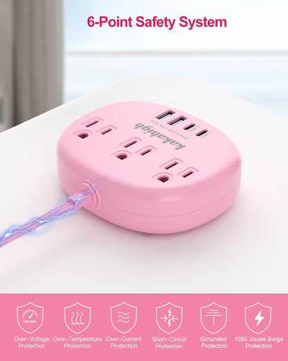 Pink Extension Cord with USB C - 5 FT Kawaii Power Strip, 1625W Cute Extension Cord with 3 AC Outlet 4 USB (24W/4.8A), Compact for Cute Pink Kawaii Desk Home Essentials