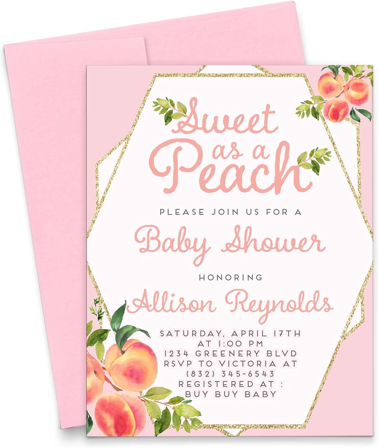 Modern Pink Paper Personalized Sweet as a Peach Baby Shower Invitations, Summer Baby Shower Invites, Your choice of Quantity and Envelope Color