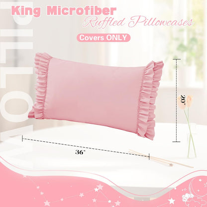 RUDONG M Ruffled Pillow Cases Set of 2, King Microfiber Pillowcases, Decorative Ruffle Pillow Covers with Envelope Closure, 20x36 Inches Pink Boho Pillow Shams
