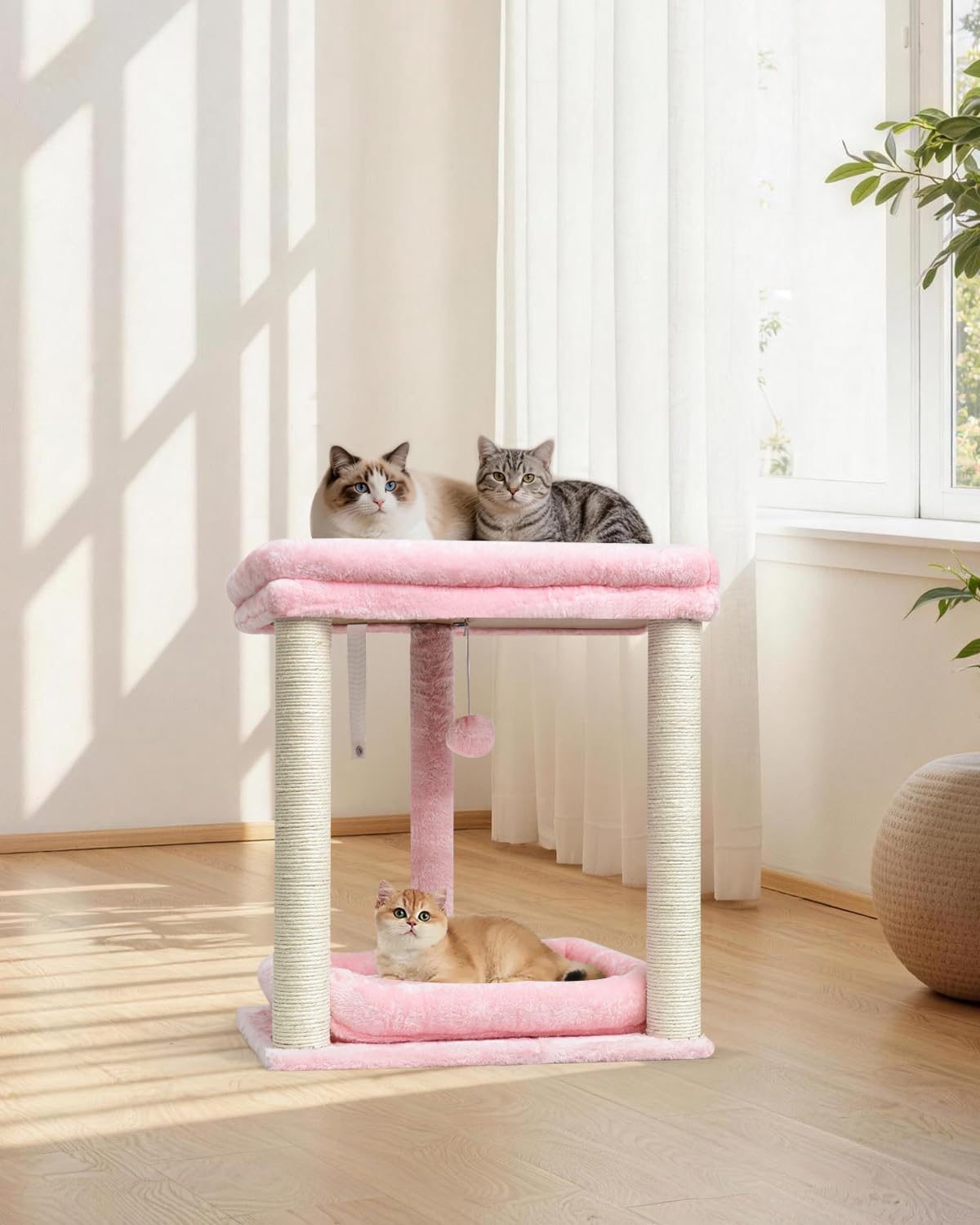 SYANDLVY Small Cat Tree for Indoor Cats with 2 Levels Perch Platforms, Natural Sisal Scratching Post Tower with Hanging Bell Ball & Anti-Tip Strap, Stable Cat Perch Furniture for Kittens, Pink