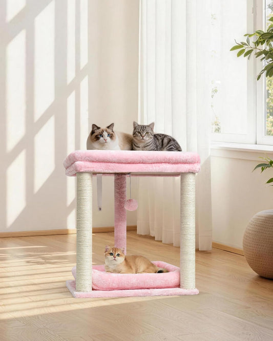 SYANDLVY Small Cat Tree for Indoor Cats with 2 Levels Perch Platforms, Natural Sisal Scratching Post Tower with Hanging Bell Ball & Anti-Tip Strap, Stable Cat Perch Furniture for Kittens, Pink