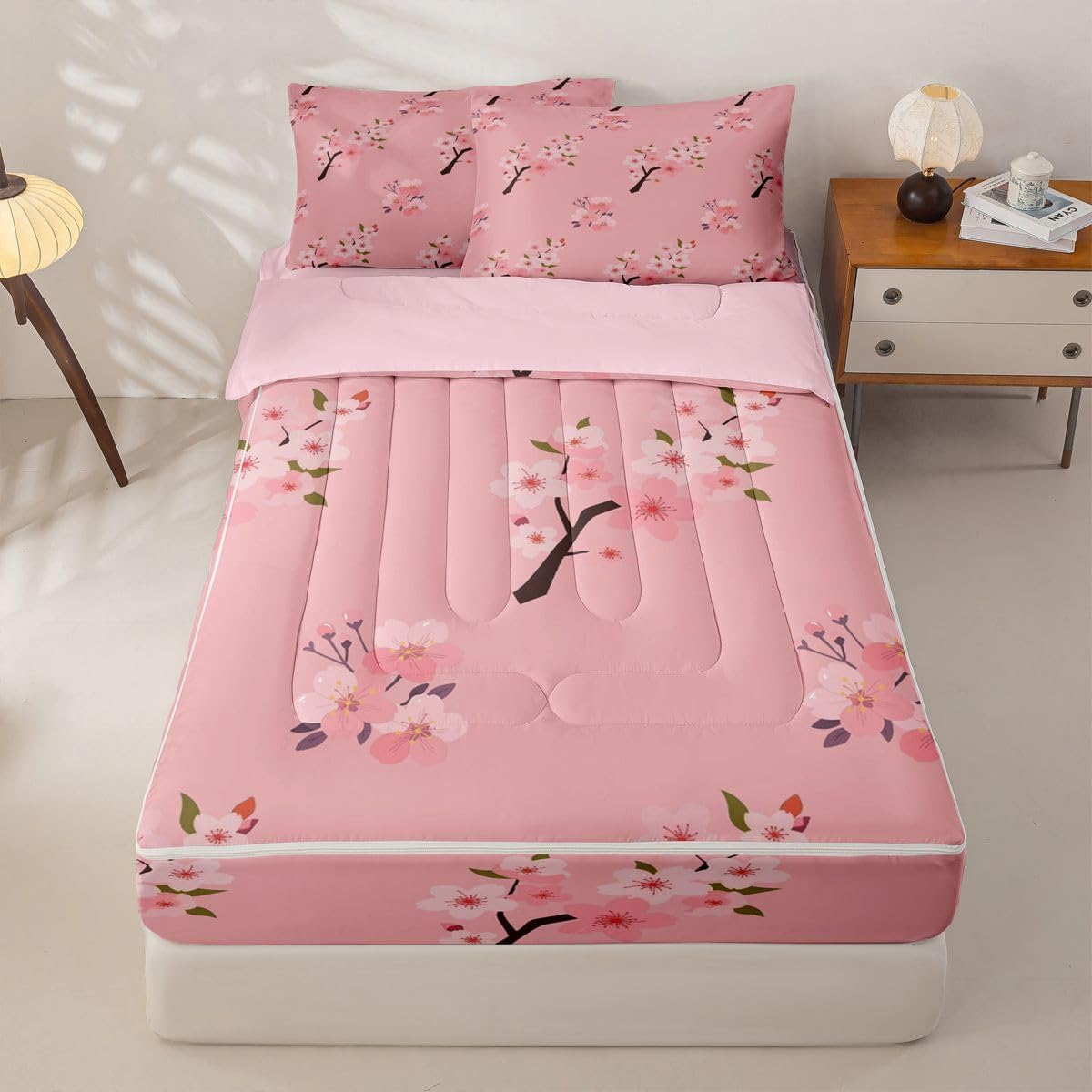 Erosebridal Floral Zipper Bedding Set Twin Cherry Blossom Zip Up Comforter Set with Sheets Peach Blossoms Branches Hand Drawn Bed in a Bag Cute Girly Pink Flowers Bed Sets with 2 Pillowcases