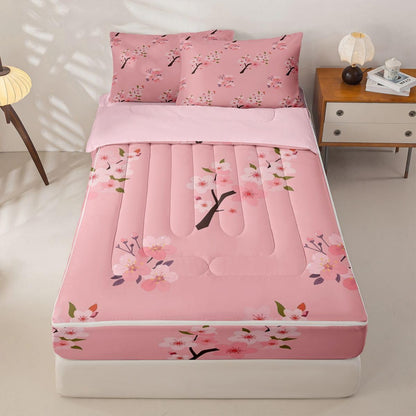 Erosebridal Floral Zipper Bedding Set Twin Cherry Blossom Zip Up Comforter Set with Sheets Peach Blossoms Branches Hand Drawn Bed in a Bag Cute Girly Pink Flowers Bed Sets with 2 Pillowcases
