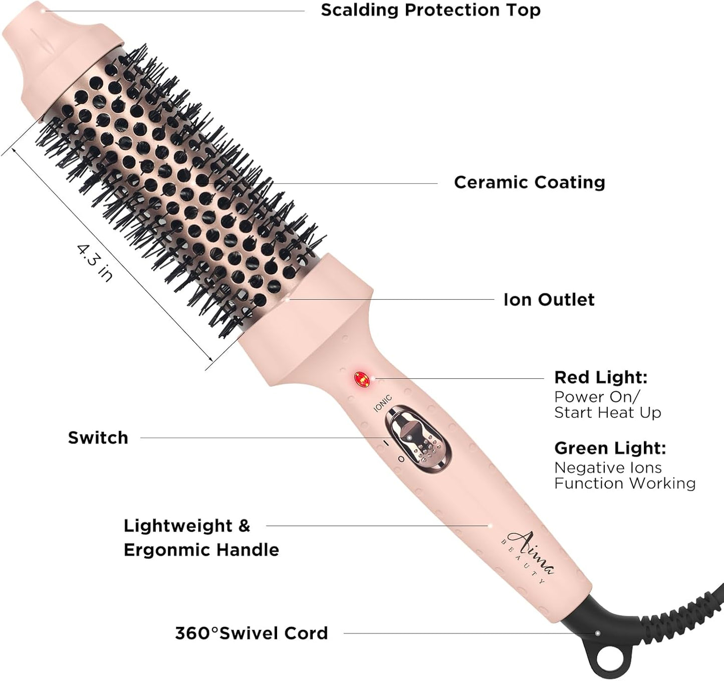 Aima Beauty Hair Curling Iron Brush, 1.5" 40mm Ceramic Hot Brush with Ion Technology for Root Volume and Quick Curls - Dual Voltage & 60Mins Auto-Off, Pink
