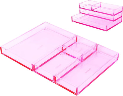 4-Piece Stackable Pink Acrylic Desk Organizer for Office or Home Desk Drawer Dividers, Makeup Vanity Storage Bins, Accessory Acrylic Tray/Half Accessory Tray/Small Tray
