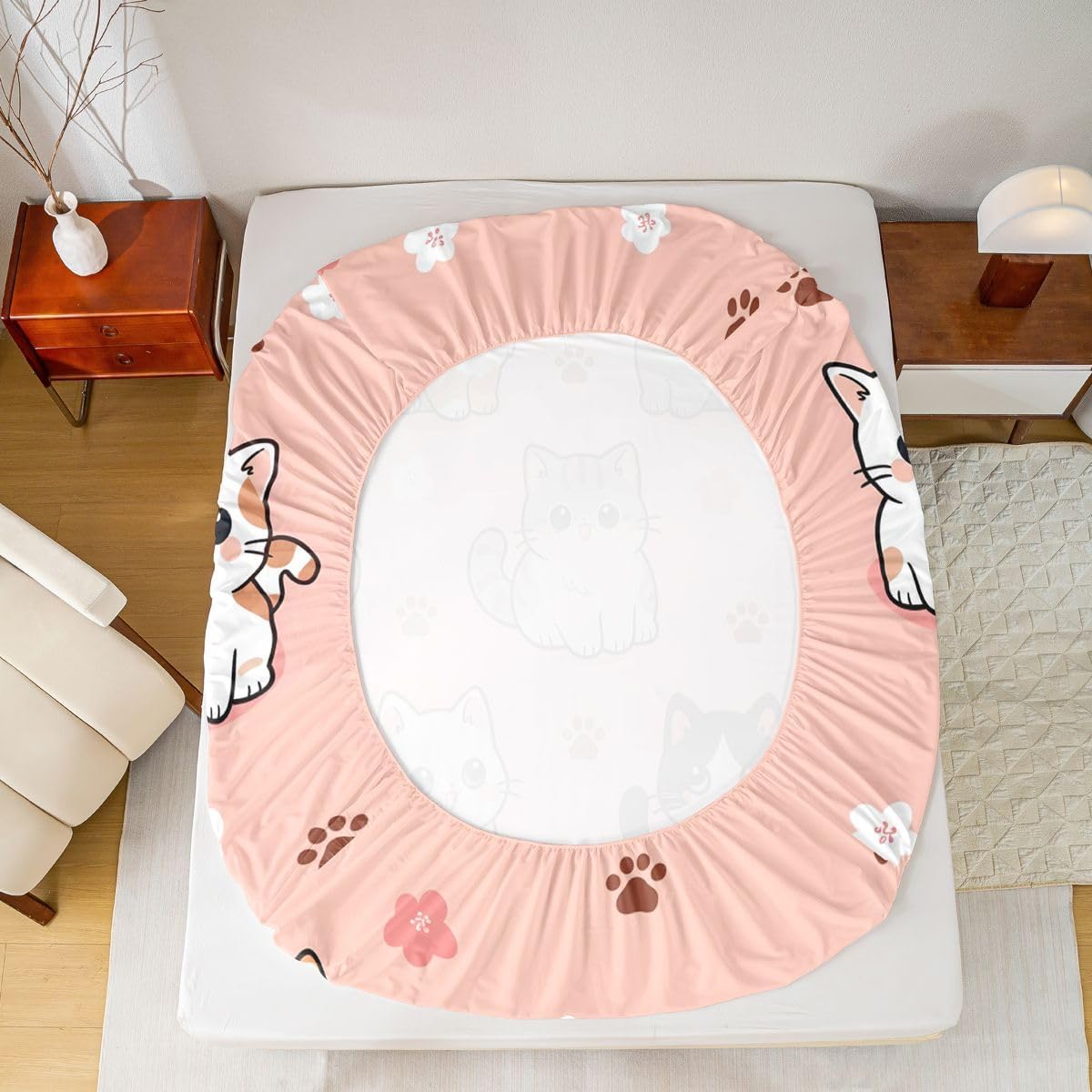 Homewish Cute Cat Bed Sheet Queen Size Kawaii Animals Paw Sheets for Kids Teens Adults Japanese Style Bedding Set with Flat,Fitted Sheet,2 Pillowcases Peach Pink