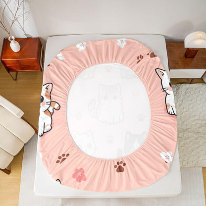 Homewish Cute Cat Bed Sheet Queen Size Kawaii Animals Paw Sheets for Kids Teens Adults Japanese Style Bedding Set with Flat,Fitted Sheet,2 Pillowcases Peach Pink