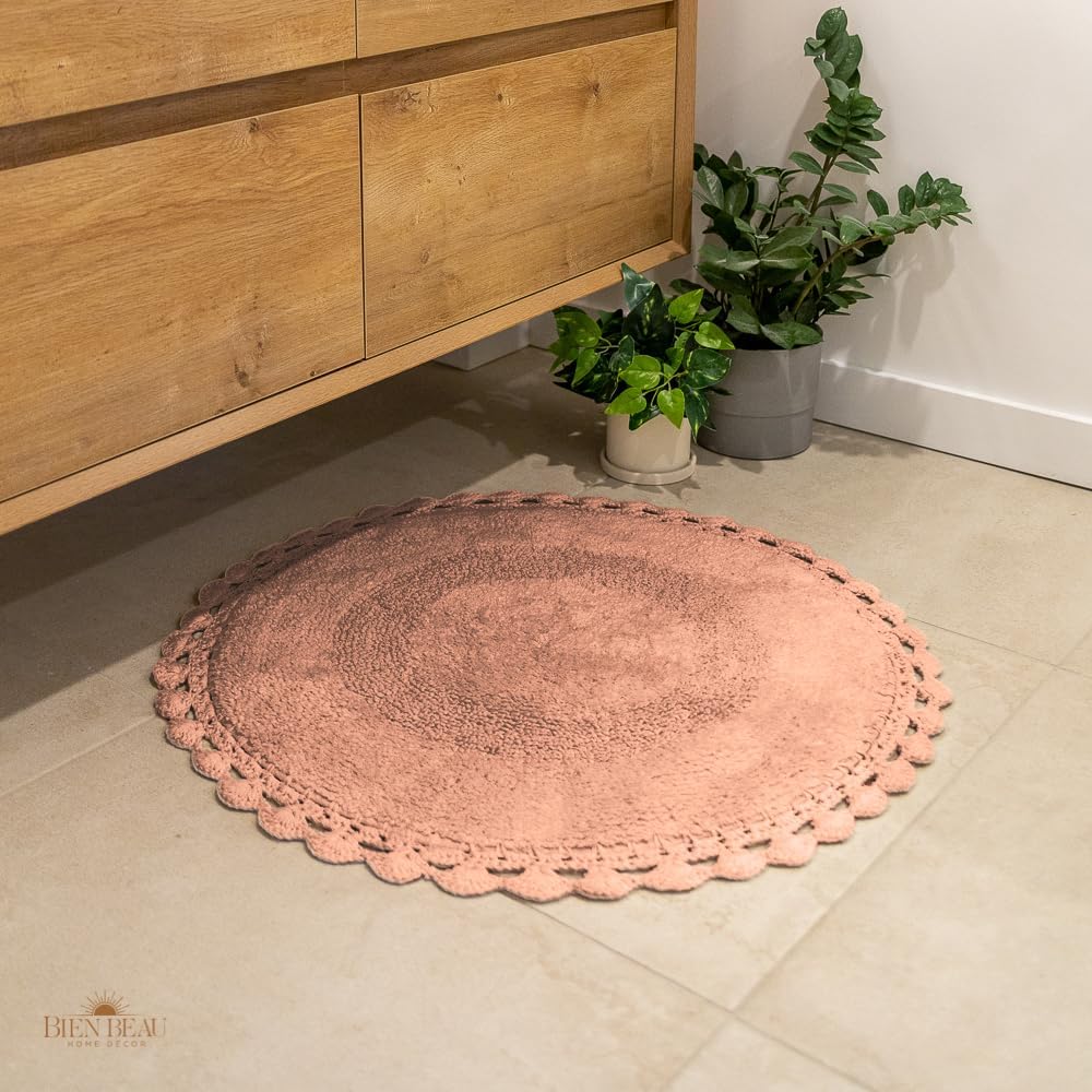 BIEN BEAU Unique Round Boho Bath Mat with Crochet Contour - 100% Cotton Boho Bathroom Rugs -Reversible - Decorative Non-Slip Bohemian Rug for Bath and Bedroom - Cute Decor - Blush Pink 30"